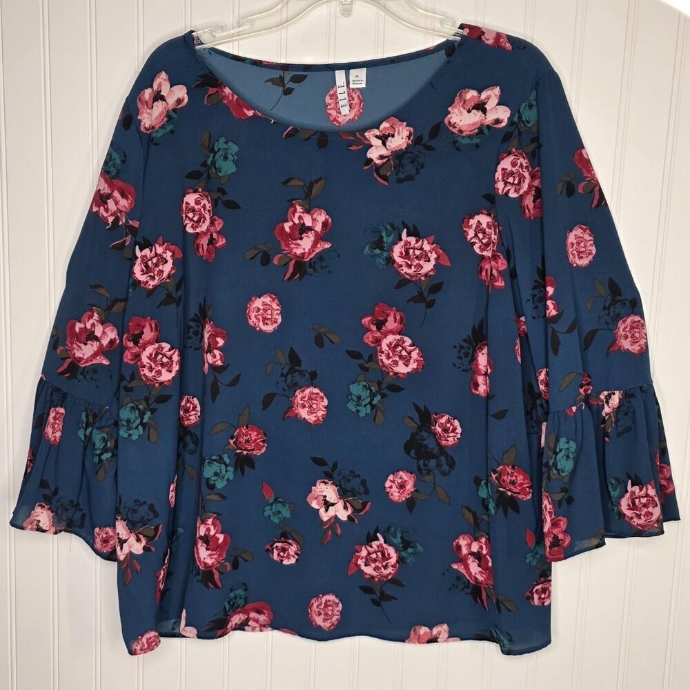 Elle Blouse Womens XL Blue Floral Bell Sleeve Pullover Top Pink Teal Rose Print - Picture 1 of 12